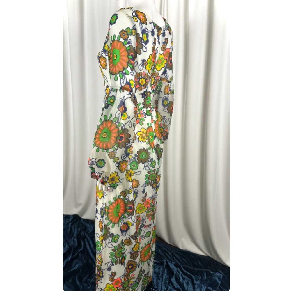 Vintage 1960’s Floral Printed Chiffon Maxi Dress - Peasant Sleeve Gown - Small - Picture 7 of 10
